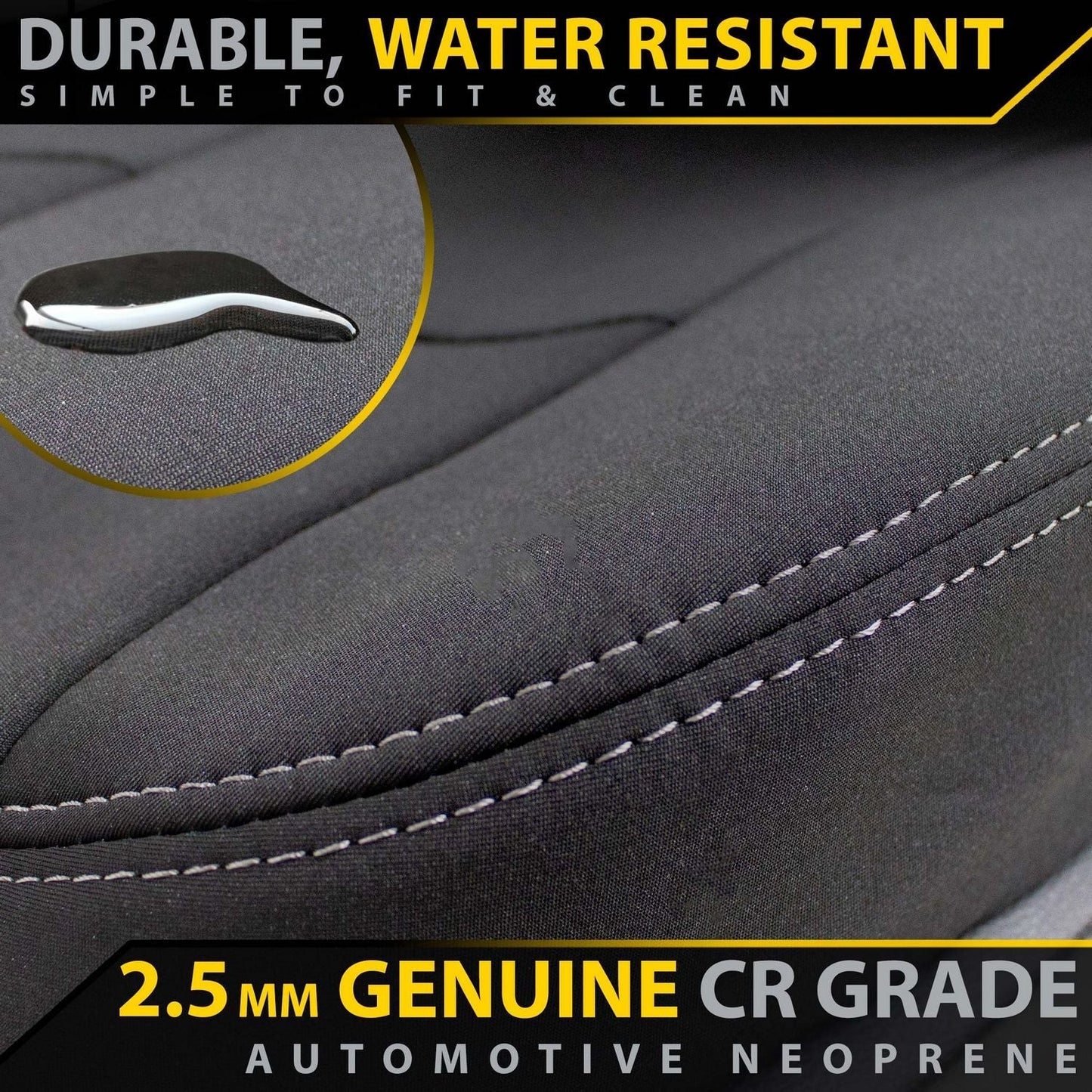 Car seat cover with text highlighting durability, water resistance, and material grade.