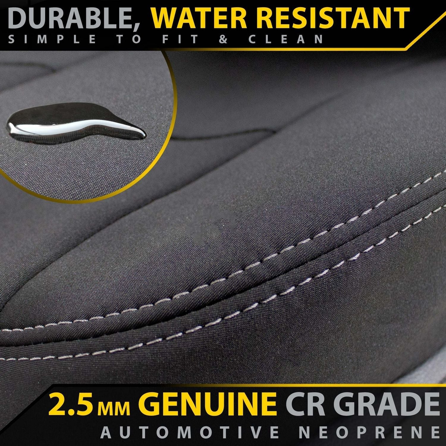 Car seat cover with text highlighting durability, water resistance, and material grade.