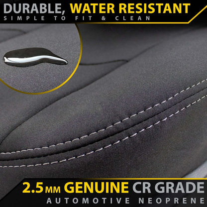 Car seat cover with text highlighting durability, water resistance, and material grade.