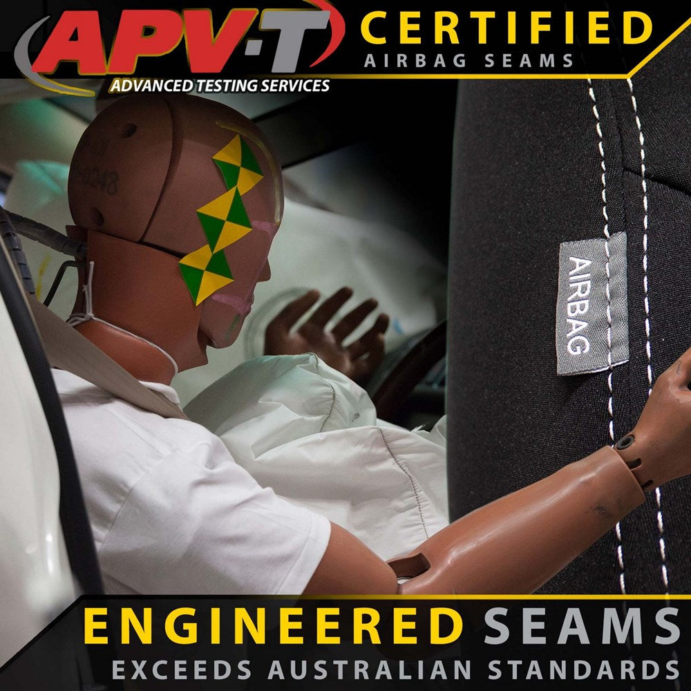 Certified airbag seam testing with a mannequin and 'APV-T' logo.