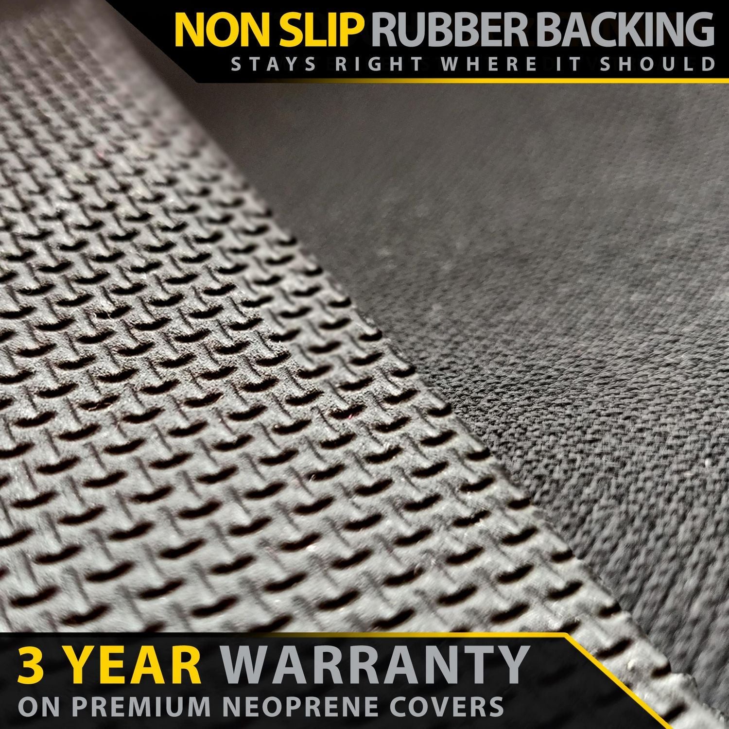 Close-up of a textured non-slip rubber backing with text about warranty and product features.
