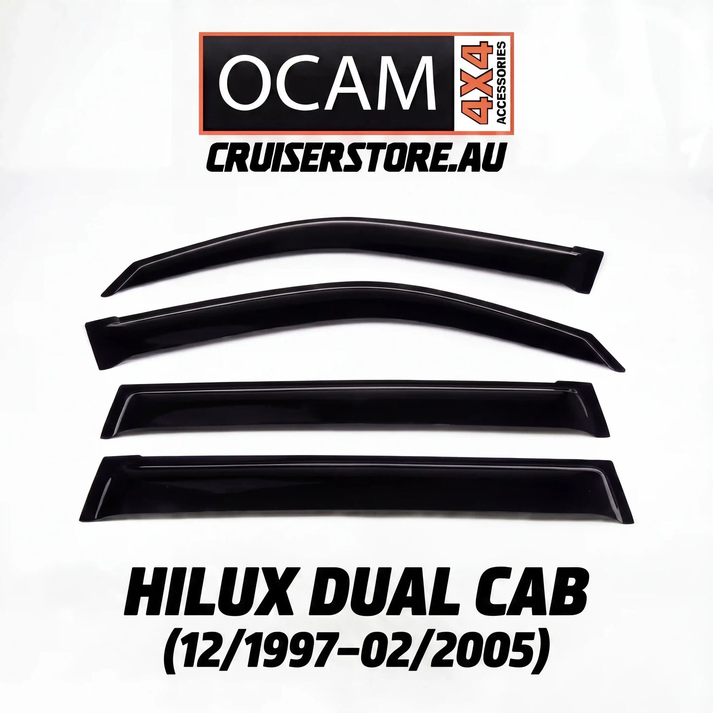 Set of black window deflectors for Hilux Dual Cab with OCAM 4x4 Accessories branding on a white background.