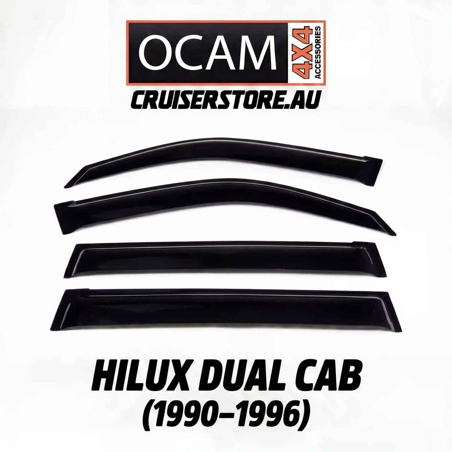 Set of black window deflectors for Hilux Dual Cab with OCAM 4x4 Accessories branding on a white background.