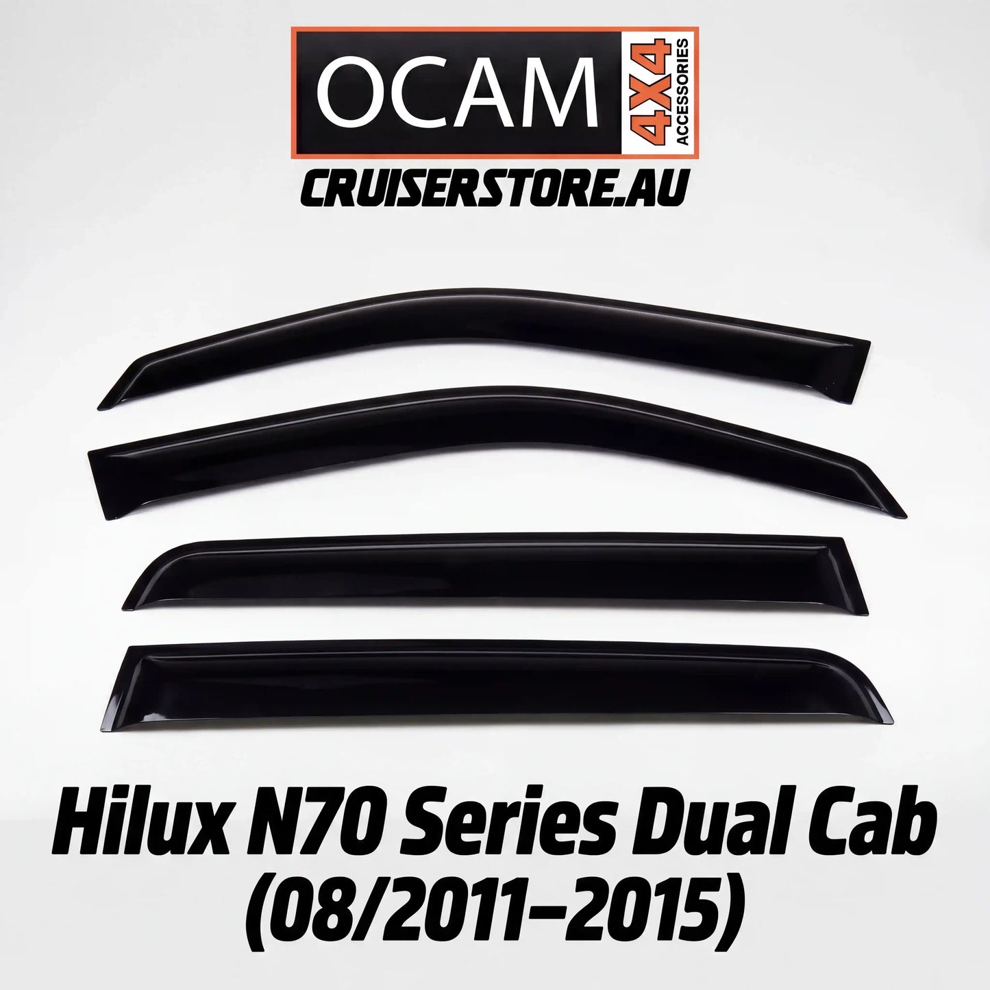 Set of black window deflector for Hilux N70 Series Dual Cab with OCAM Crusierstore branding on a white background.