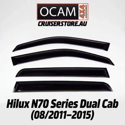 Set of black window deflector for Hilux N70 Series Dual Cab with OCAM Crusierstore branding on a white background.