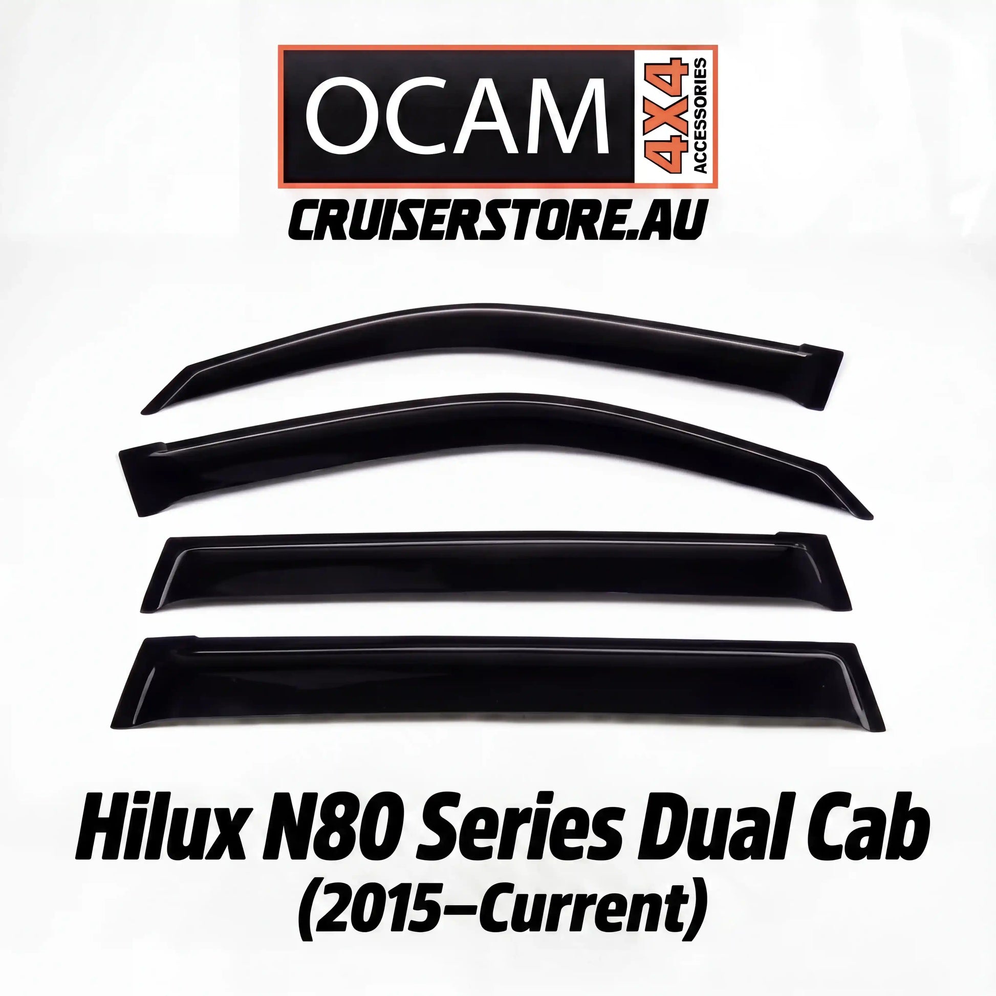 Set of car window deflectors with OCAM Crusierstore branding on a white background