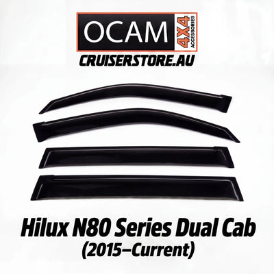 Set of car window deflectors with OCAM Crusierstore branding on a white background