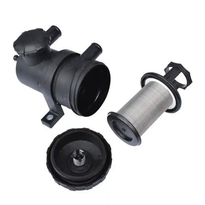 Mechanical components including a black cylindrical part, a silver spool with wire, and a black circular component on a white background.