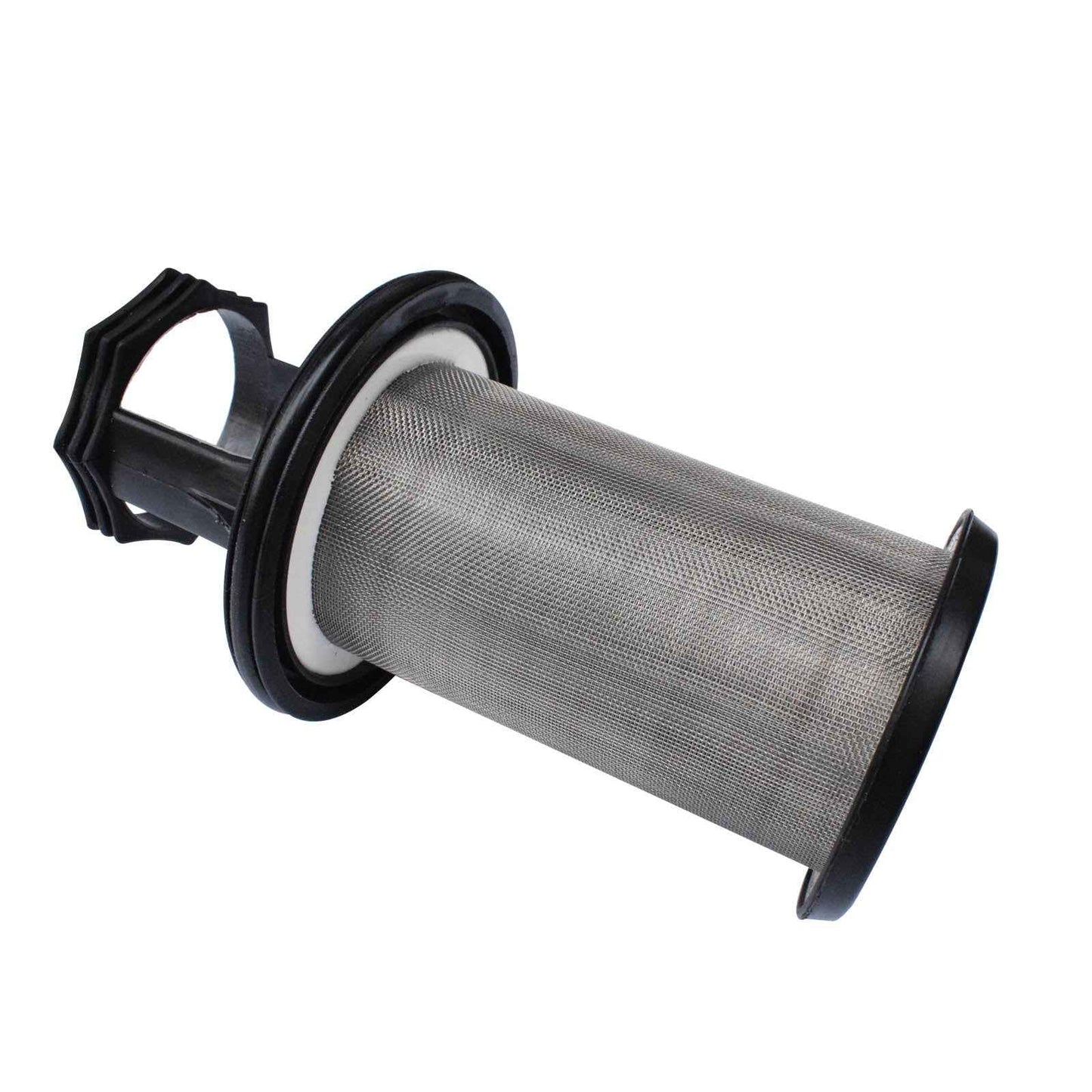 Metal filter with black plastic housing on a white background