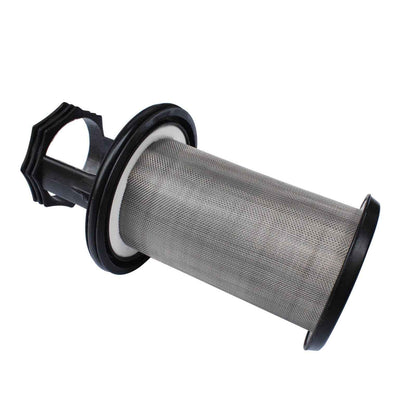 Metal filter with black plastic housing on a white background