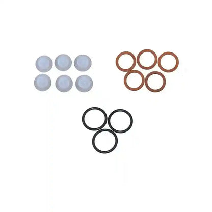 Set of gaskets including white, brown, and black types on a white background