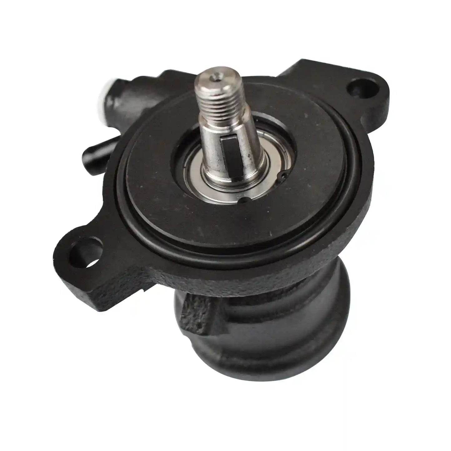 Power Steering Pump with black housing and metal shaft on a white background