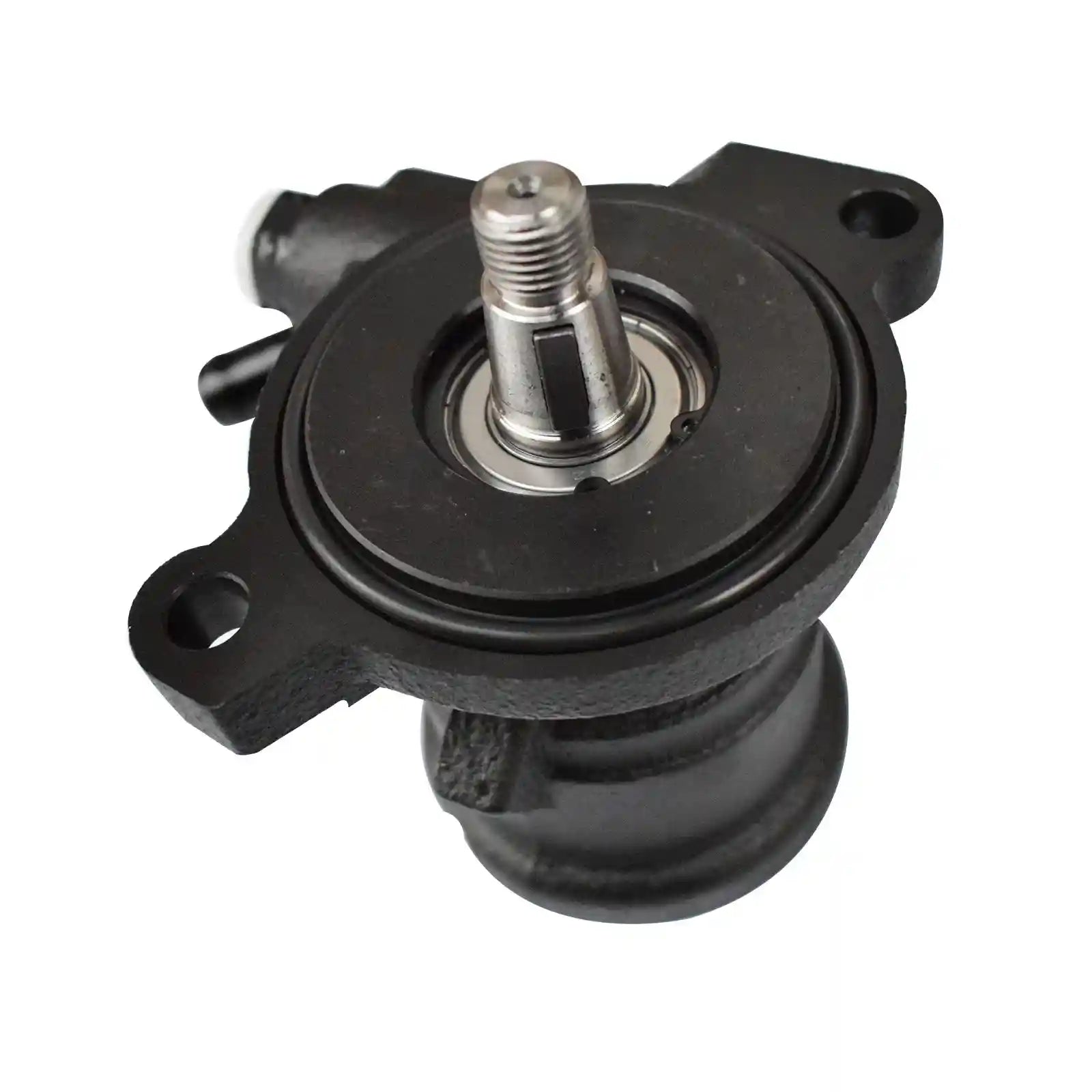 Power Steering Pump with black housing and metal shaft on a white background