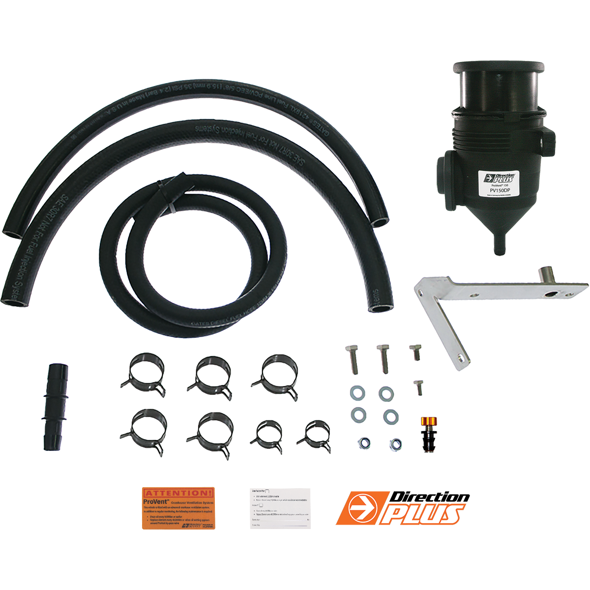 Collection of black hoses, metal brackets, and small components on a white background with Direction Plus logo.