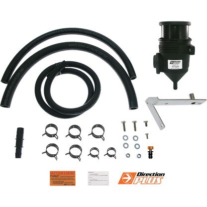 Collection of black hoses, metal brackets, and small components on a white background with Direction Plus logo.