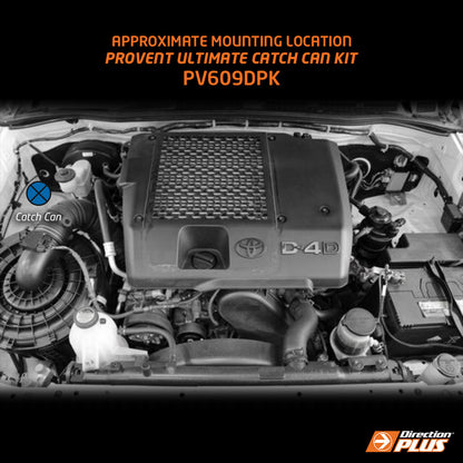Car engine with 'Provent Ultimate Catch Can Kit' text and branding