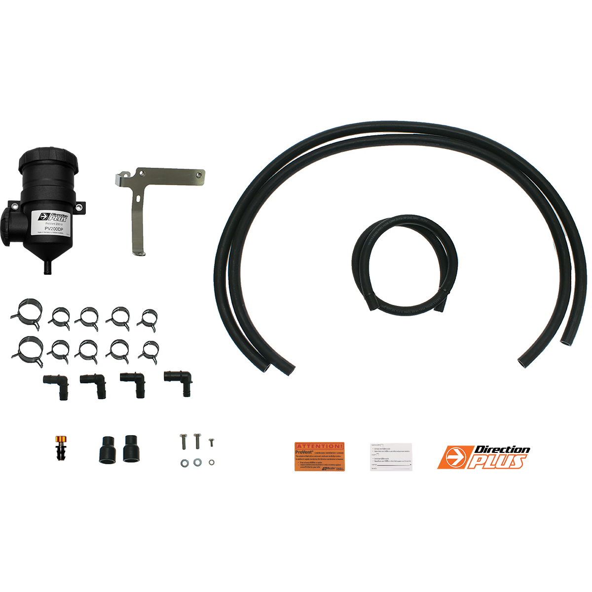 Collection of automotive parts including hoses, clamps, and connectors on a white background with Direction Plus branding.