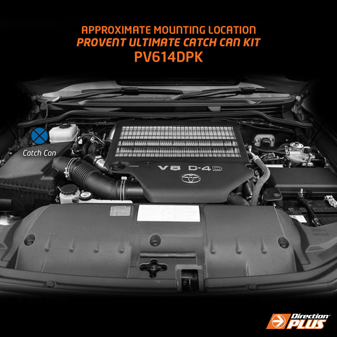 Car engine with 'Provent Ultimate Catch Can Kit' text and branding on a black background