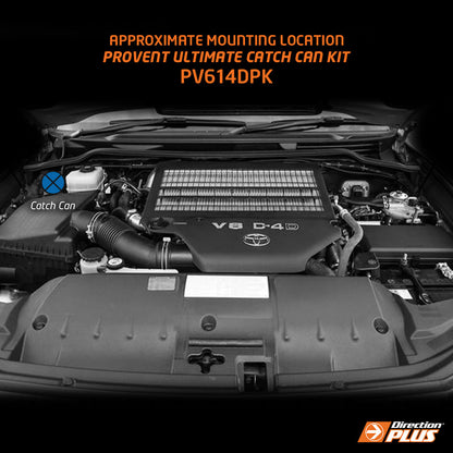 Car engine with 'Provent Ultimate Catch Can Kit' text and branding on a black background