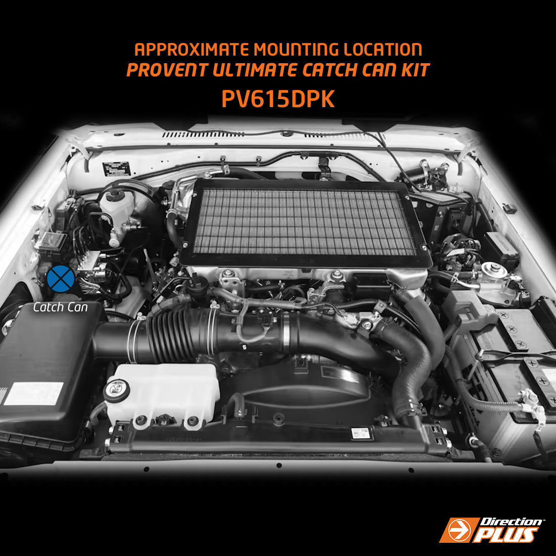 Car engine with Provent Ultimate Catch Can Kit labeled PV615DPK on a black background