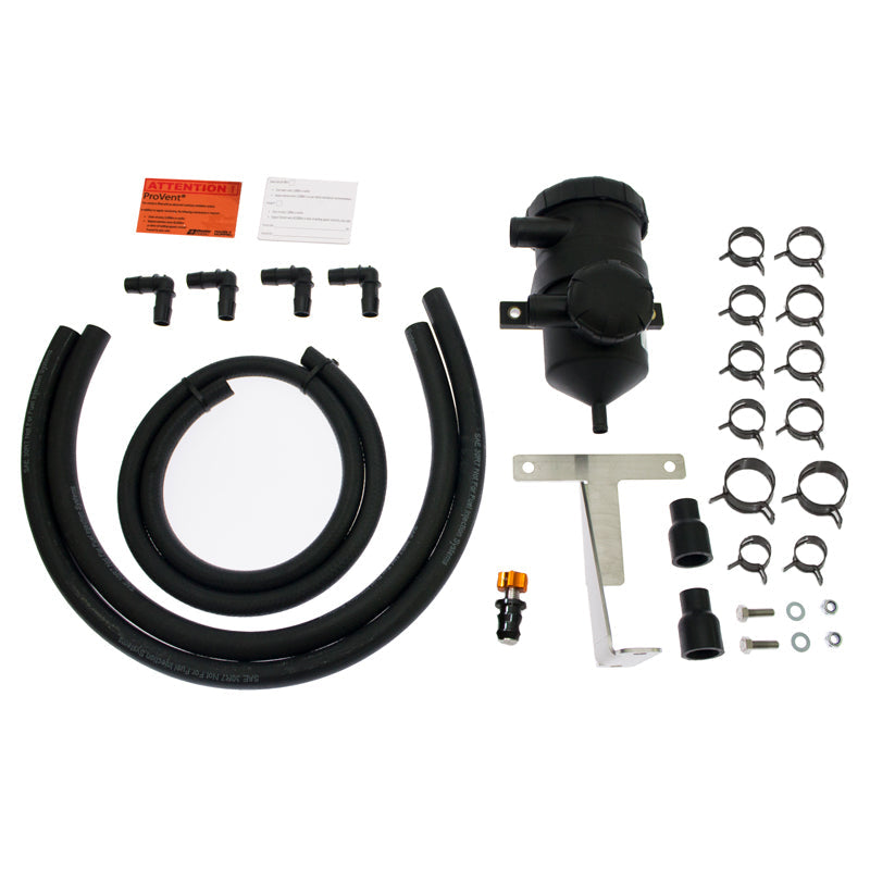Catch Can Kit including hoses, connectors, and a reservoir on a white background