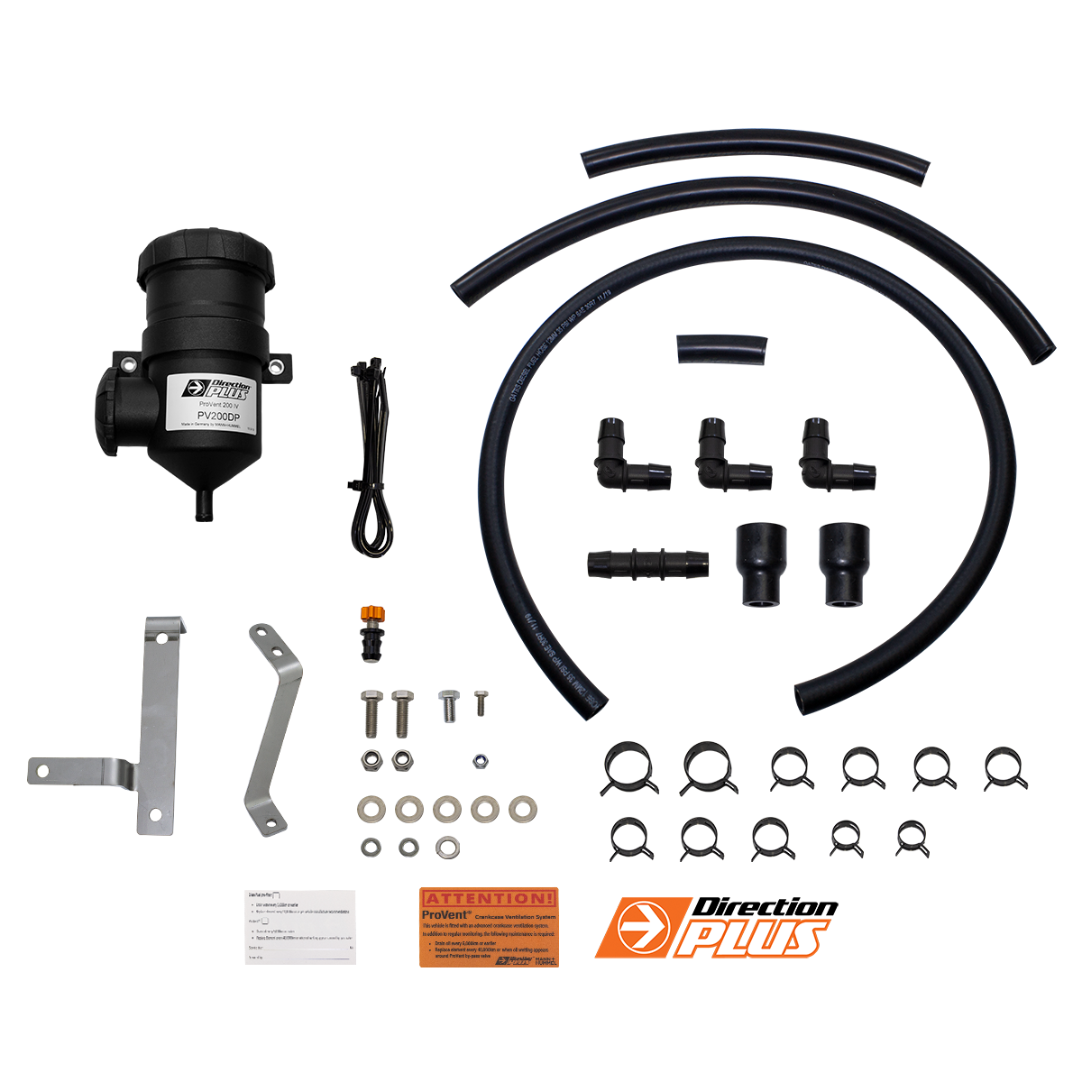 Collection of catch a black pump, hoses, and connectors on a white background.