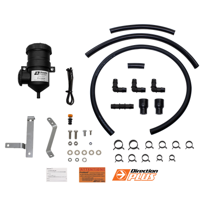 Collection of catch a black pump, hoses, and connectors on a white background.