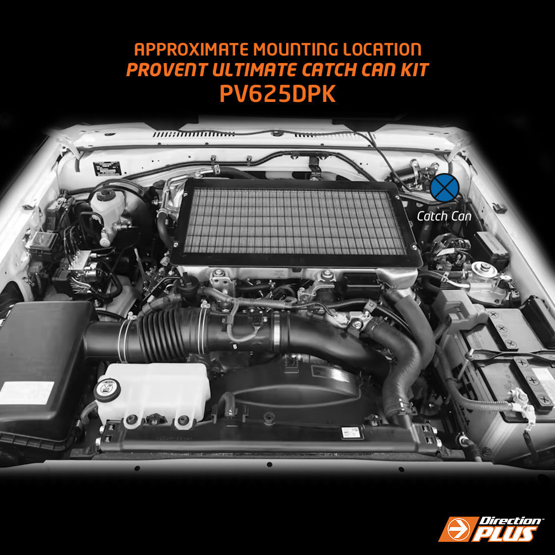 Car engine with Provent Ultimate Catch Can Kit PV625DPK labeled on a black background