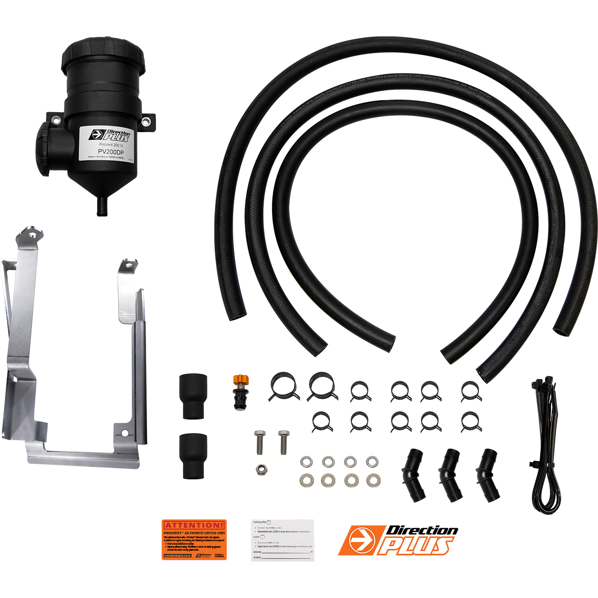 Catch Can Kit including a black filter, hoses, brackets, and connectors on a white background.