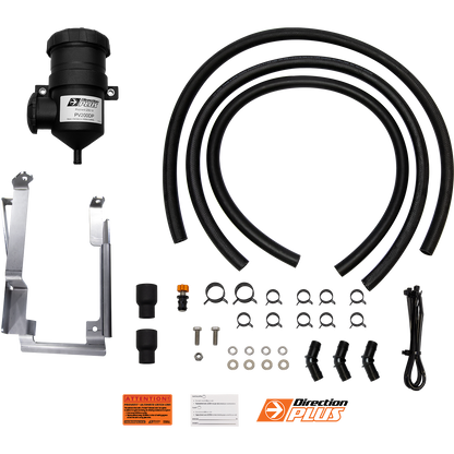 Catch Can Kit including a black filter, hoses, brackets, and connectors on a white background.