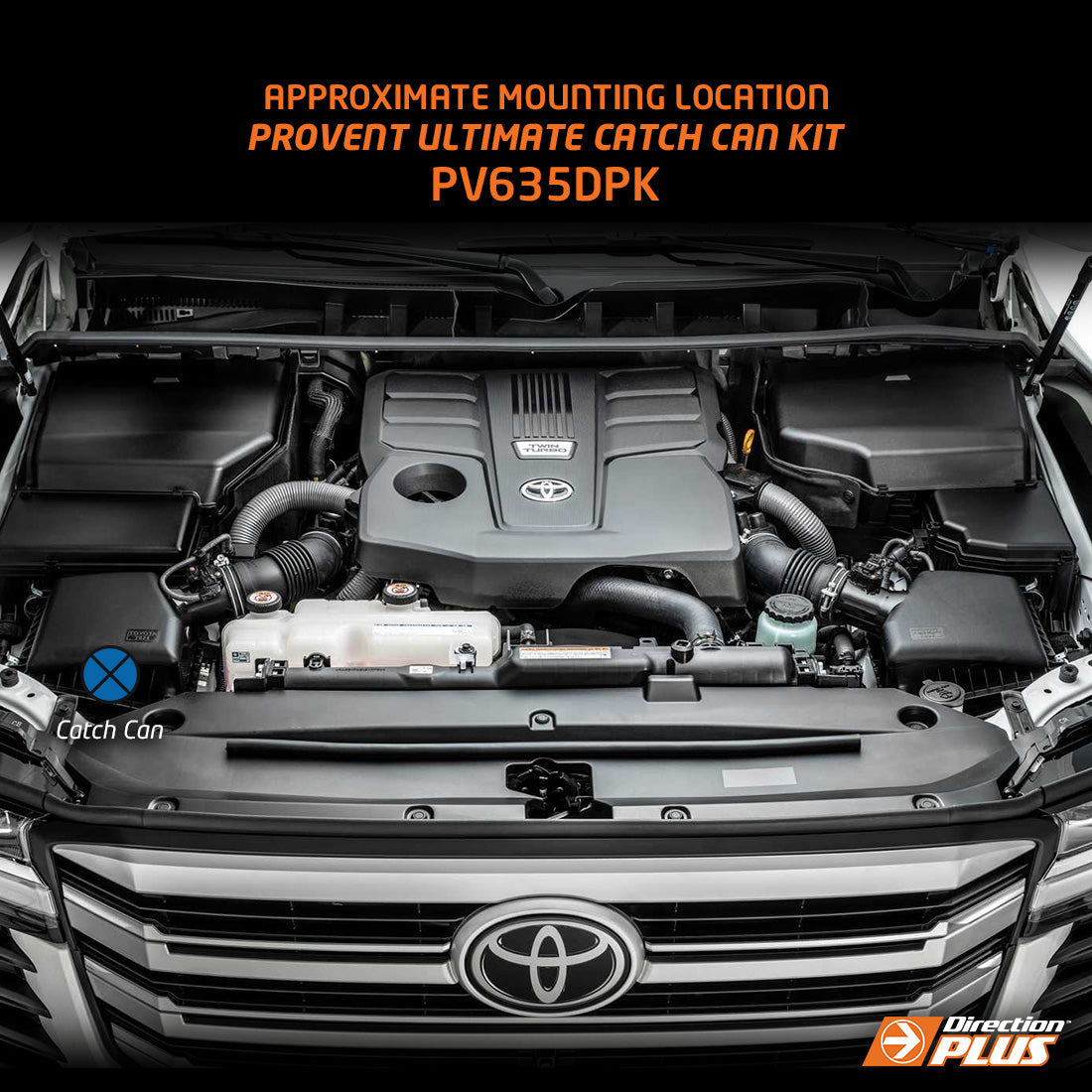 Toyota vehicle engine compartment with Provent Ultimate Catch Can Kit branding.