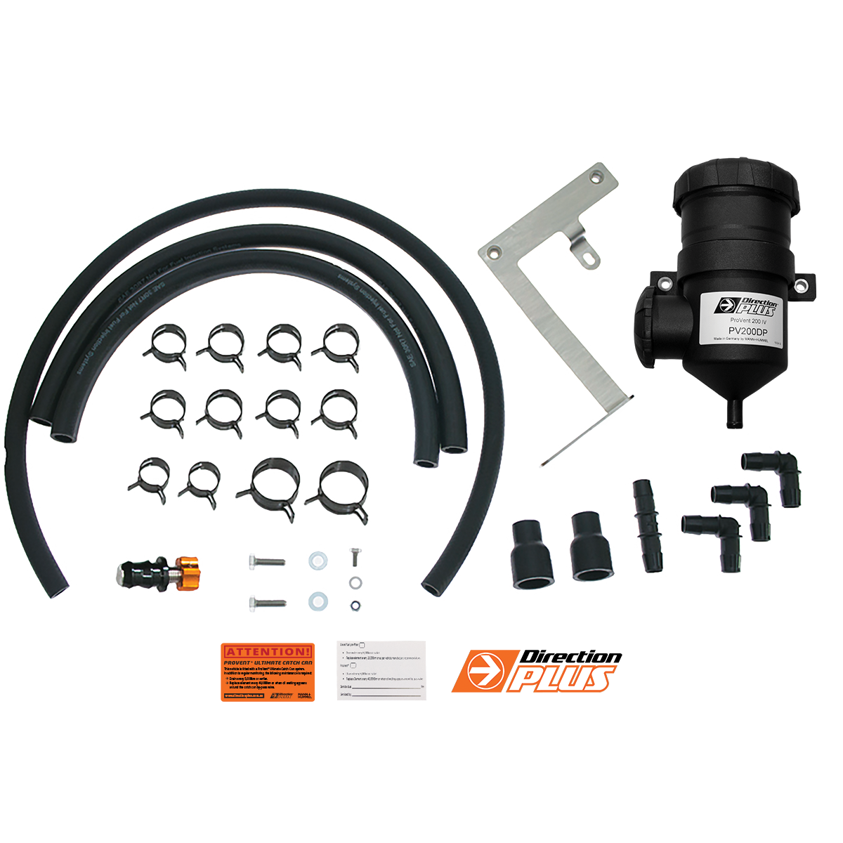 Automotive parts kit including hoses, clamps, and a pump on a white background with Direction Plus branding.