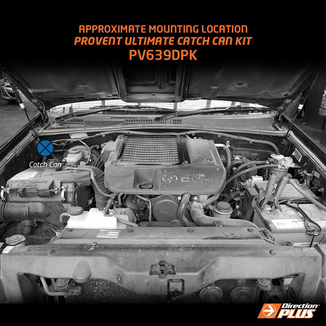 Car engine with a catch can labeled 'Provent Ultimate Catch Can Kit PV639DPK' on a black background.