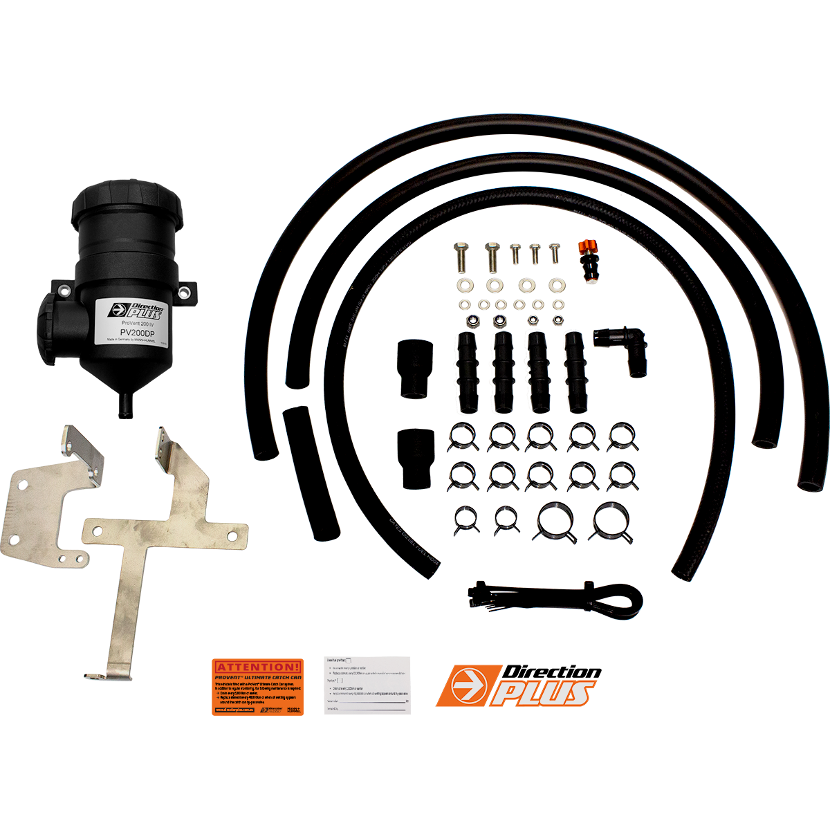 Automotive parts kit including hoses, connectors, and metal brackets on a white background.