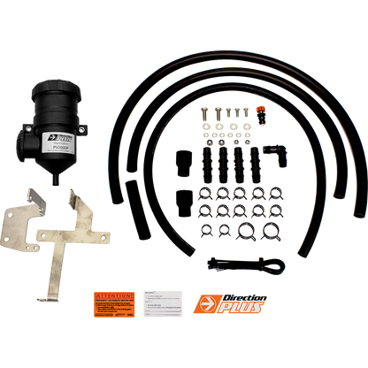 Automotive parts kit including hoses, connectors, and metal brackets on a white background.