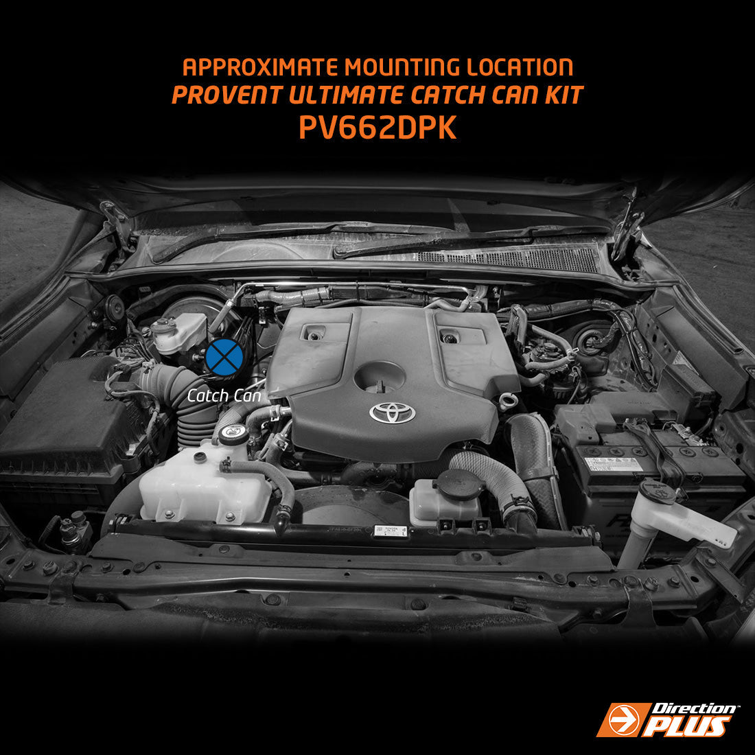 Car engine with Provent Ultimate Catch Can Kit labeled, featuring Toyota logo.