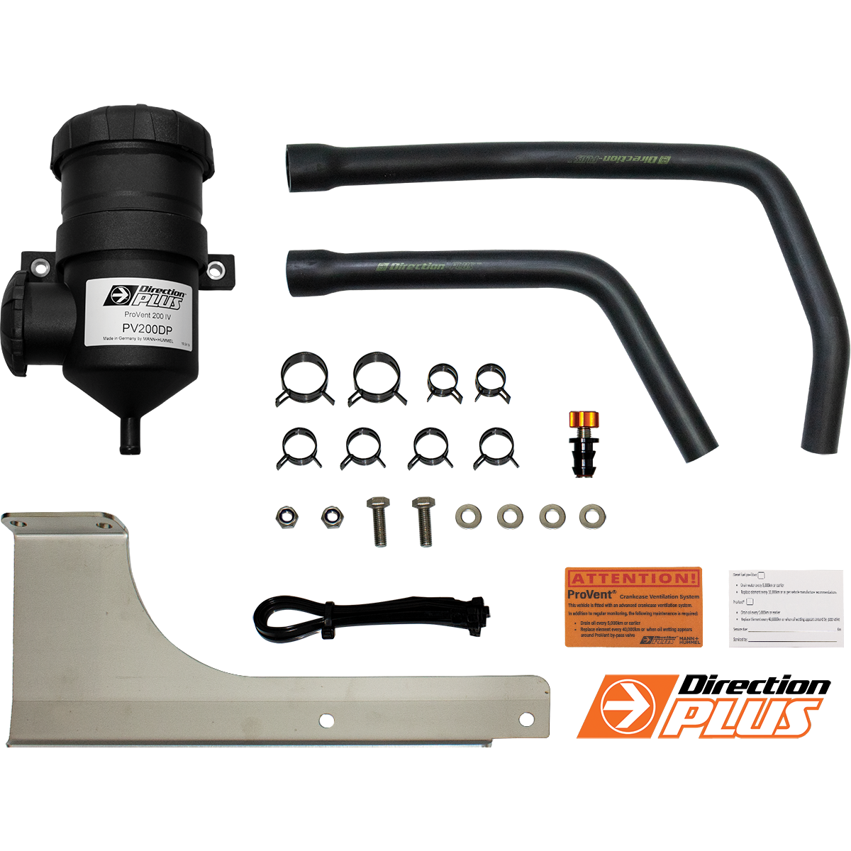 Automotive parts kit including a black catch can, hoses, metal bracket, and various small components on a white background with Direction Plus branding.