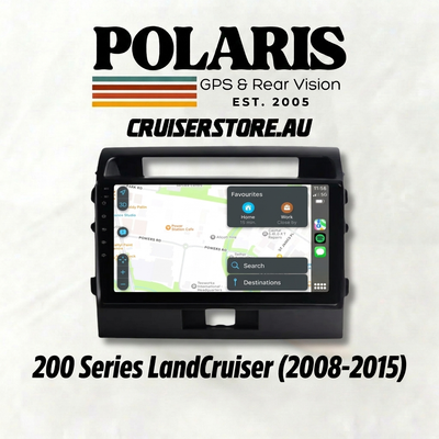 Car stereo system with GPS and rear vision on a white background, featuring Polaris branding.