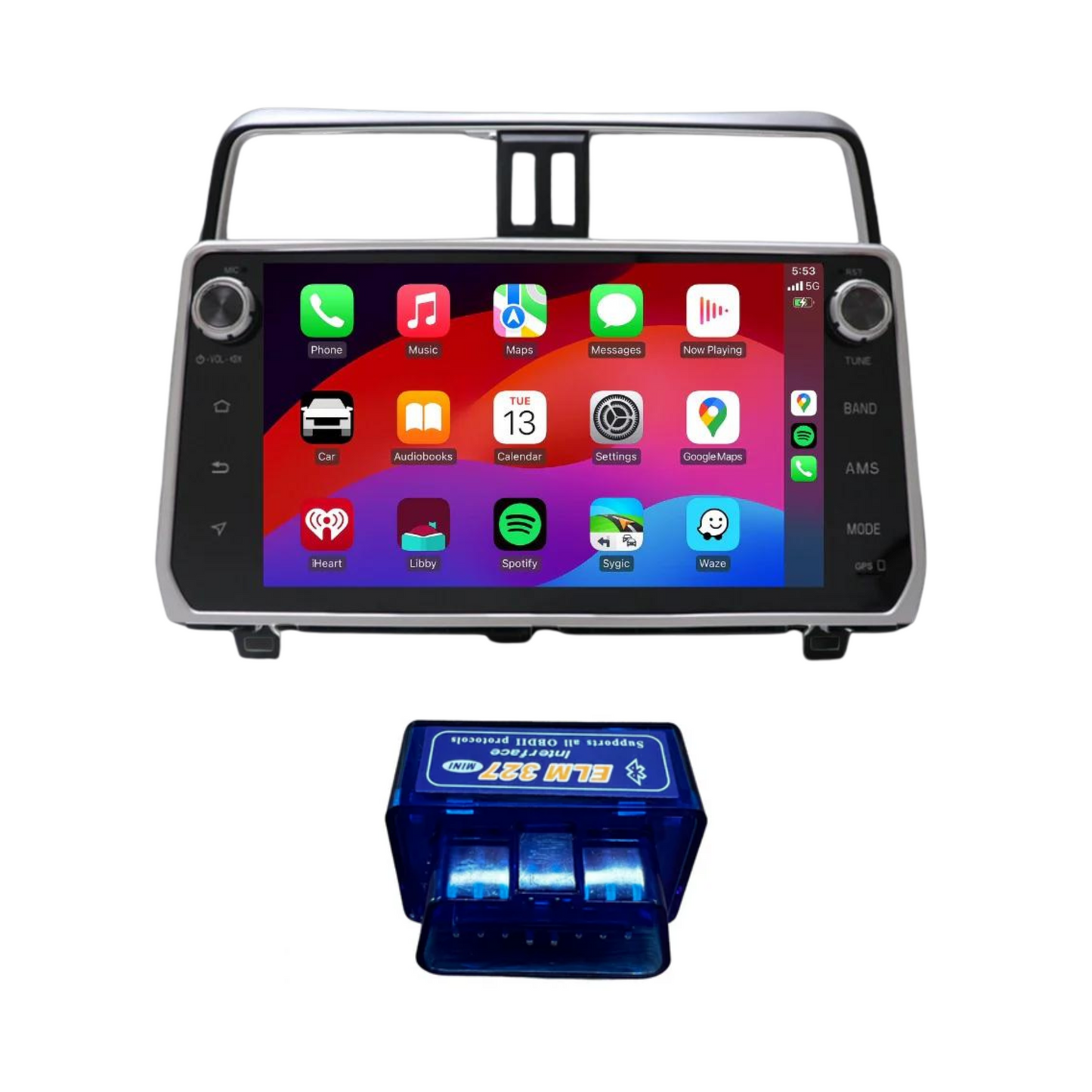 Car multimedia system with touchscreen display and a small blue device below on a white background