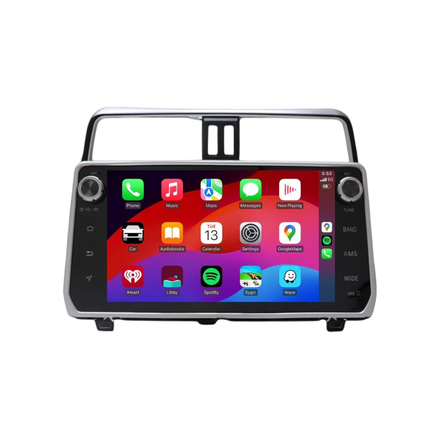 Car multimedia screen with app icons on a white background