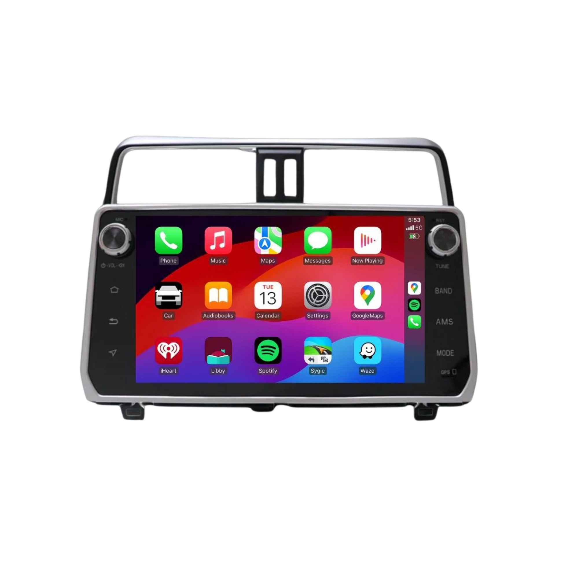 Car multimedia screen with app icons on a white background