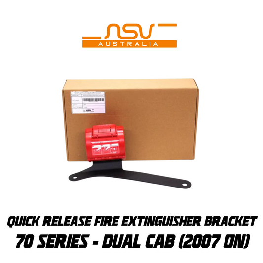 Red quick release fire extinguisher bracket with cardboard box on a white background, featuring NSV Australia branding.