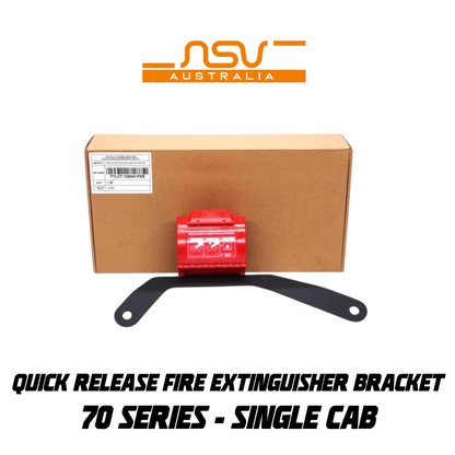 Red fire extinguisher bracket with black arm on a cardboard box, featuring NSV Australia branding.