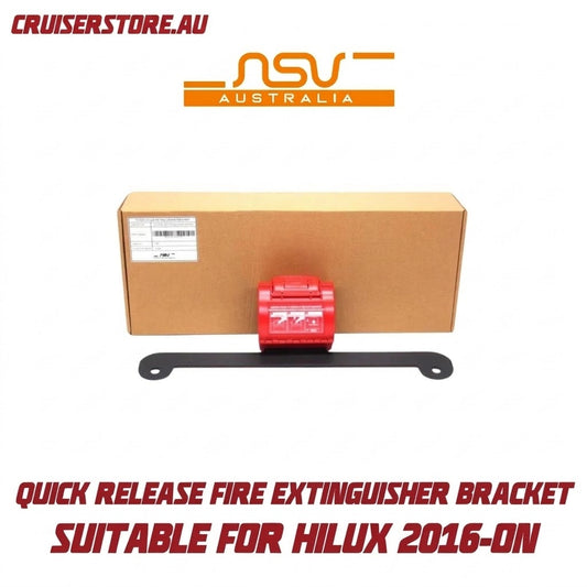 Quick release fire extinguisher bracket with packaging and NSV Australia logo on a white background