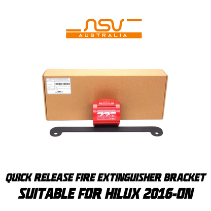 Quick release fire extinguisher bracket with packaging and NSV Australia logo on a white background