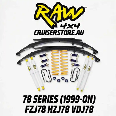 4x4 suspension parts set with Raw 4x4 Cruiserstore branding on a white background