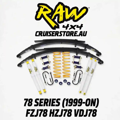 4x4 suspension parts set with Raw 4x4 Cruiserstore branding on a white background