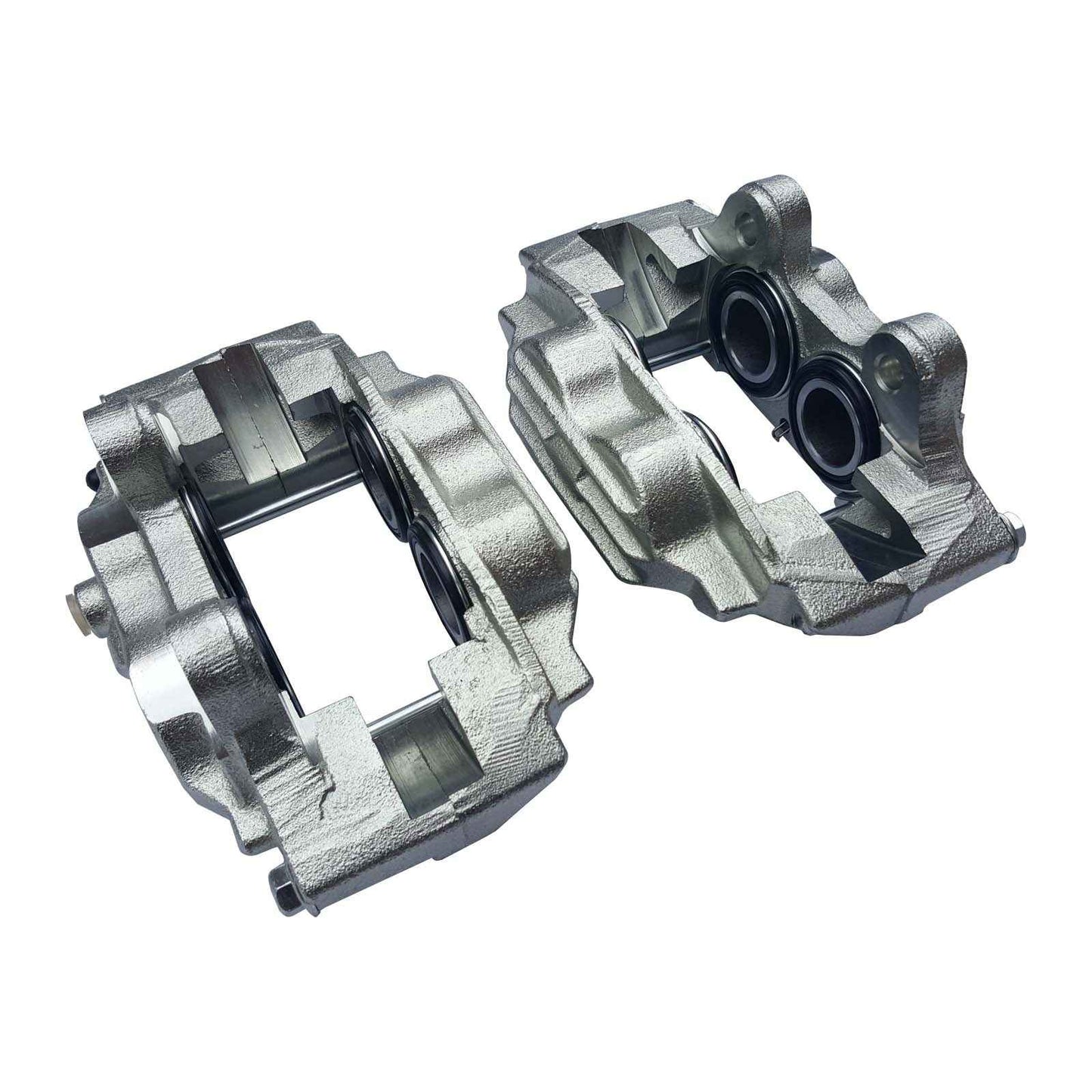 Two metallic brake calipers on a white background