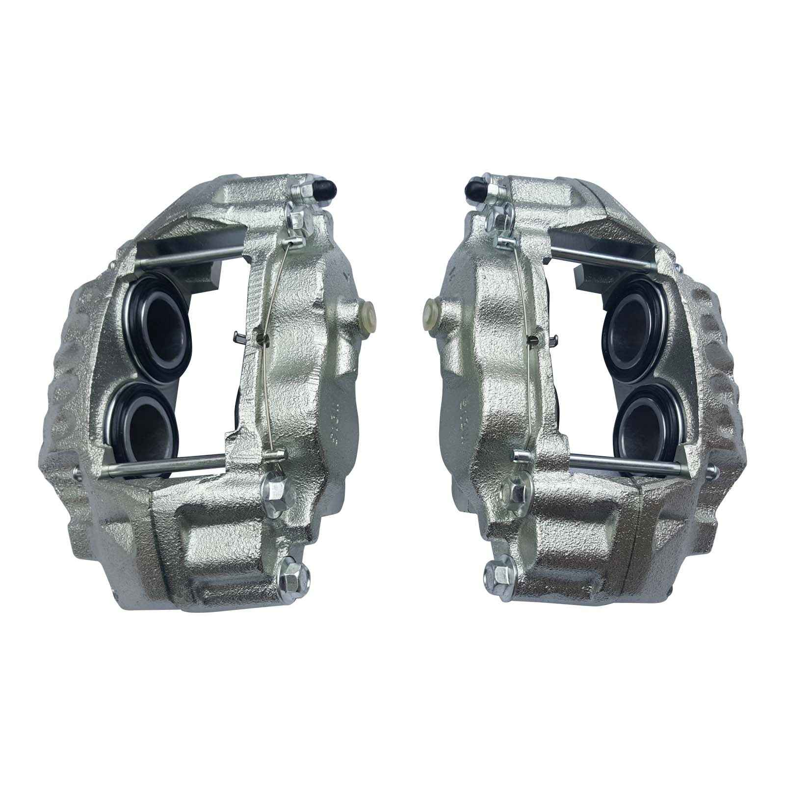 Two metallic Front Disc Brake Calipers on a white background