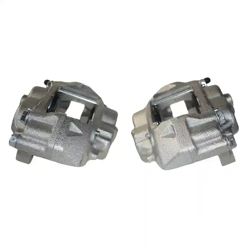 Two metallic brake calipers on a white background